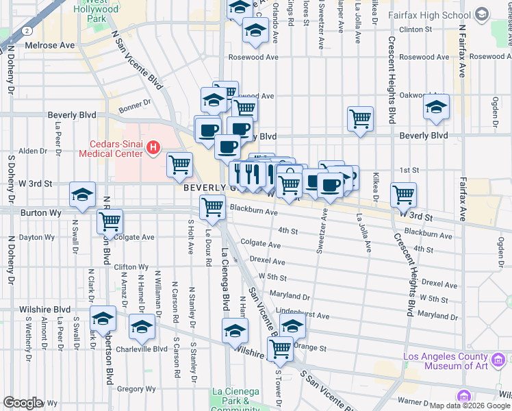 map of restaurants, bars, coffee shops, grocery stores, and more near 8433 Blackburn Avenue in Los Angeles
