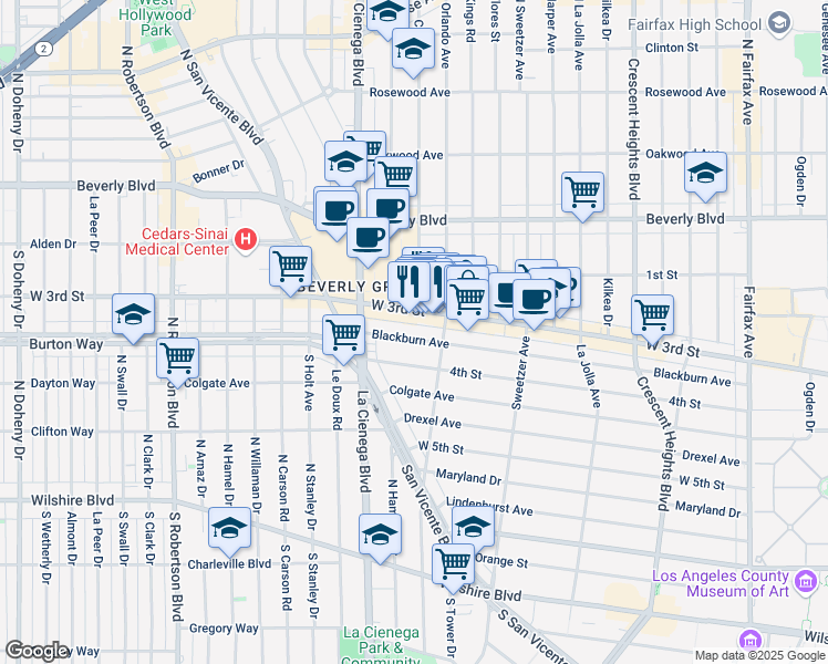 map of restaurants, bars, coffee shops, grocery stores, and more near 8433 Blackburn Avenue in Los Angeles