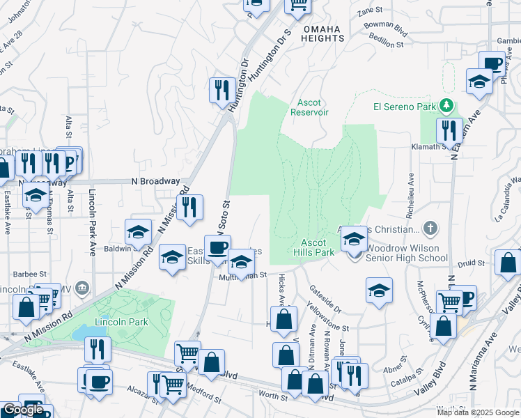 map of restaurants, bars, coffee shops, grocery stores, and more near 2357 North Indiana Avenue in Los Angeles