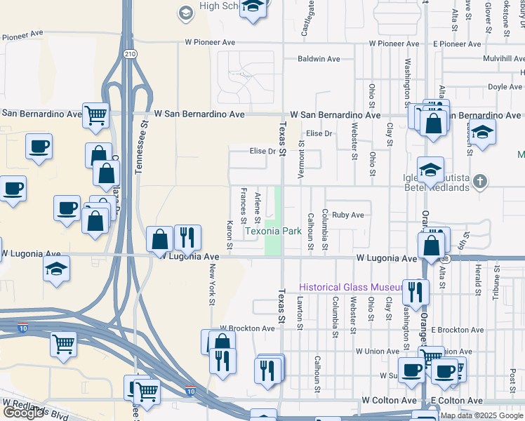 map of restaurants, bars, coffee shops, grocery stores, and more near 1410 Arlene Street in Redlands