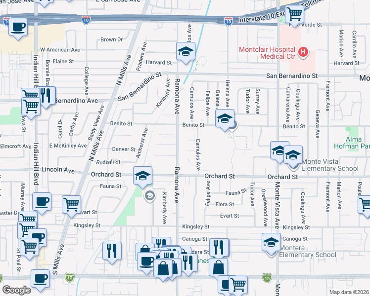 map of restaurants, bars, coffee shops, grocery stores, and more near 4528 El Morado Street in Montclair