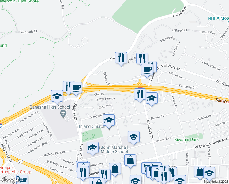 map of restaurants, bars, coffee shops, grocery stores, and more near 1671 Club Drive in Pomona