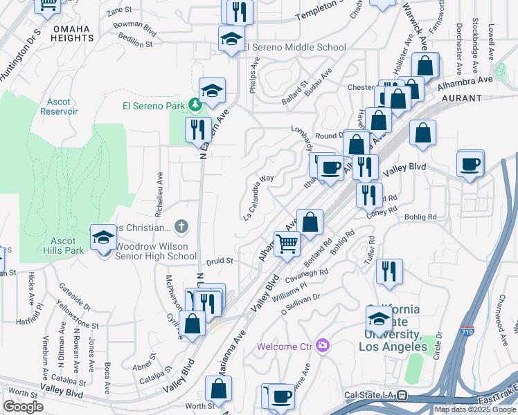 map of restaurants, bars, coffee shops, grocery stores, and more near 4940 La Calandria Way in Los Angeles