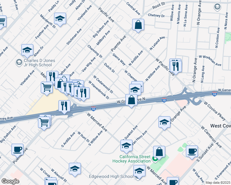 map of restaurants, bars, coffee shops, grocery stores, and more near 2317 West Cedarwood Street in West Covina