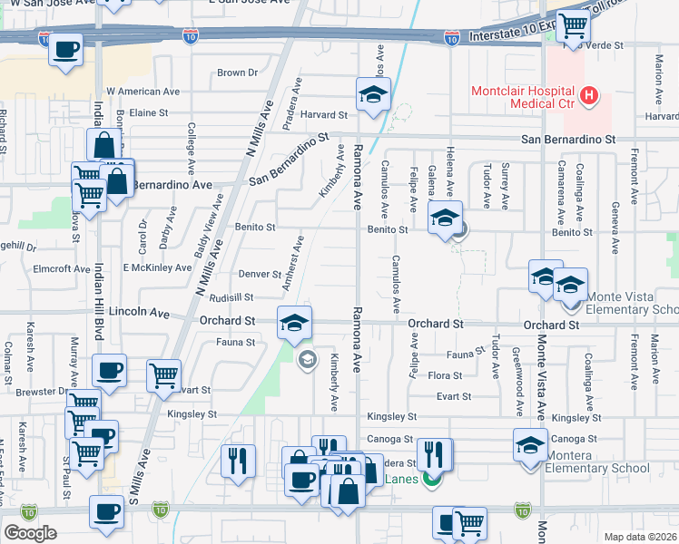 map of restaurants, bars, coffee shops, grocery stores, and more near 4465 Denver Street in Montclair
