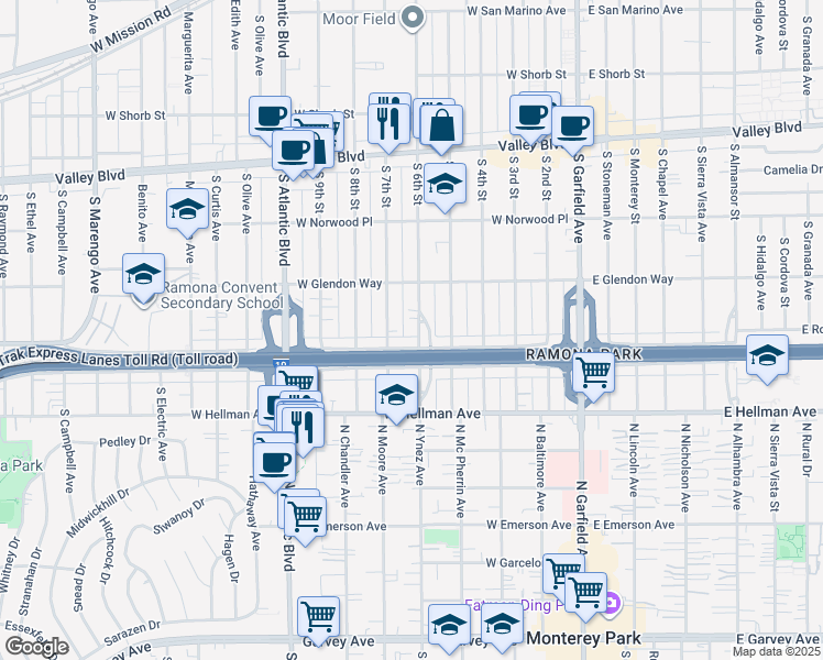 map of restaurants, bars, coffee shops, grocery stores, and more near 1841 South 6th Street in Alhambra