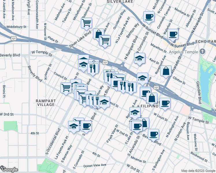 map of restaurants, bars, coffee shops, grocery stores, and more near 2602 West Temple Street in Los Angeles