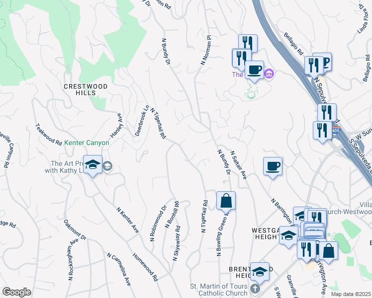 map of restaurants, bars, coffee shops, grocery stores, and more near 640 North Tigertail Road in Los Angeles