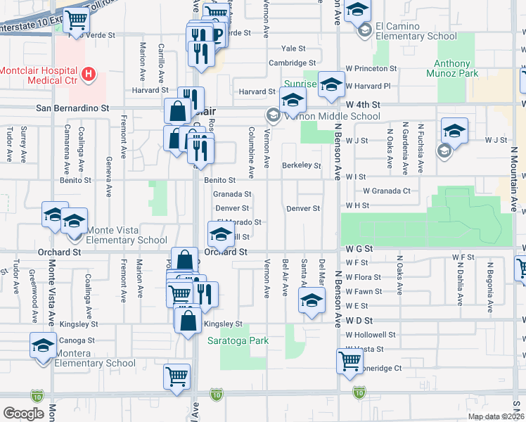 map of restaurants, bars, coffee shops, grocery stores, and more near 9986 Vernon Avenue in Montclair