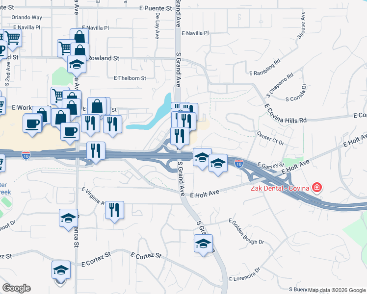 map of restaurants, bars, coffee shops, grocery stores, and more near 2 Grand Avenue in West Covina