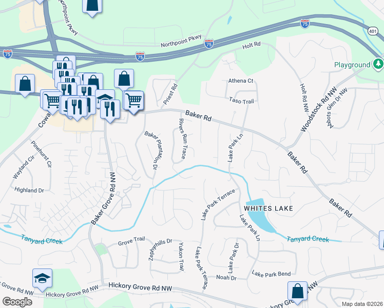 map of restaurants, bars, coffee shops, grocery stores, and more near 3730 Brand Court in Acworth