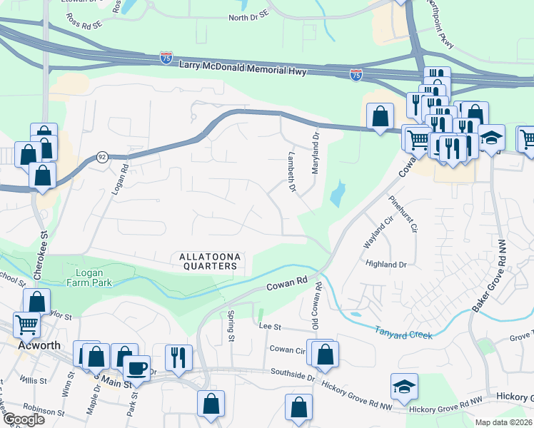 map of restaurants, bars, coffee shops, grocery stores, and more near 3749 Spring Leaf Court in Acworth