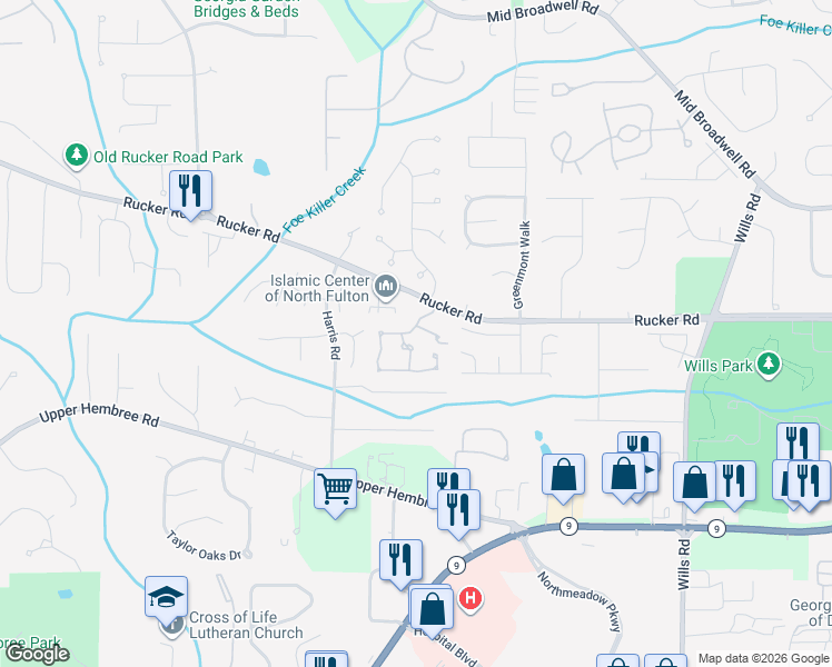 map of restaurants, bars, coffee shops, grocery stores, and more near 102 Emily Lane in Alpharetta