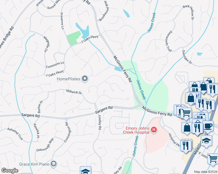 map of restaurants, bars, coffee shops, grocery stores, and more near 705 Quail Run Court in Alpharetta