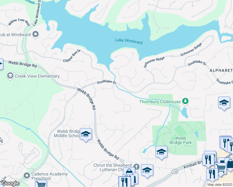 map of restaurants, bars, coffee shops, grocery stores, and more near 110 Westchester Way in Alpharetta