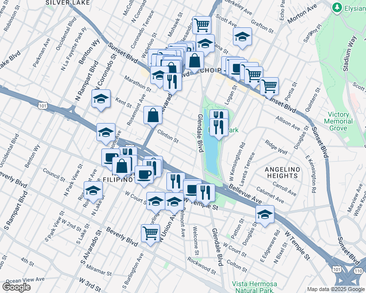 map of restaurants, bars, coffee shops, grocery stores, and more near 1734 Clinton Street in Los Angeles