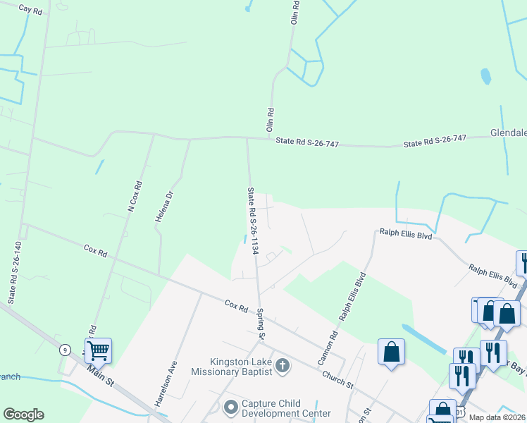 map of restaurants, bars, coffee shops, grocery stores, and more near 2902 Silverleaf Circle in Loris