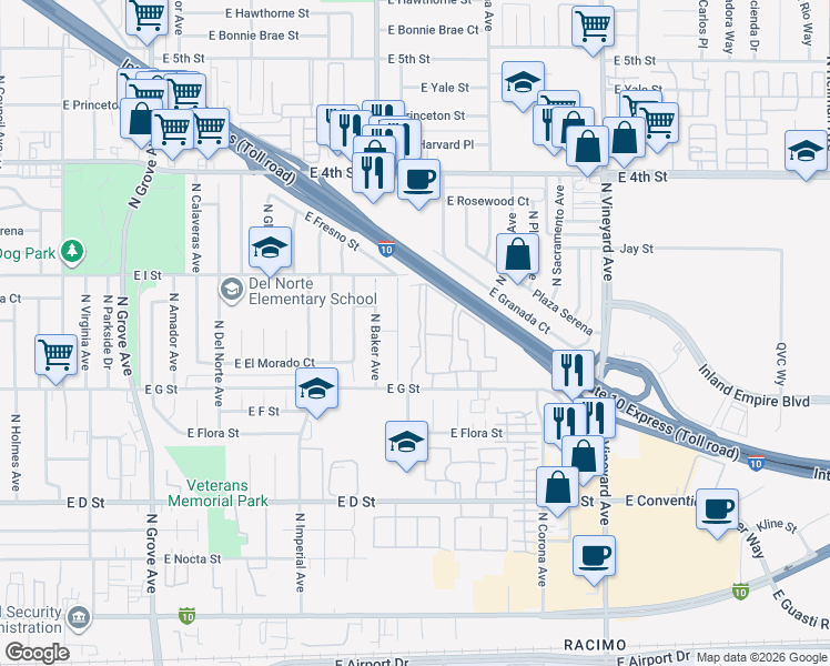 map of restaurants, bars, coffee shops, grocery stores, and more near 1625 East G Street in Ontario