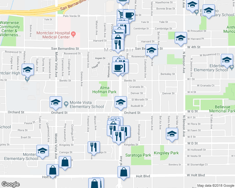map of restaurants, bars, coffee shops, grocery stores, and more near 9986 Central Avenue in Montclair