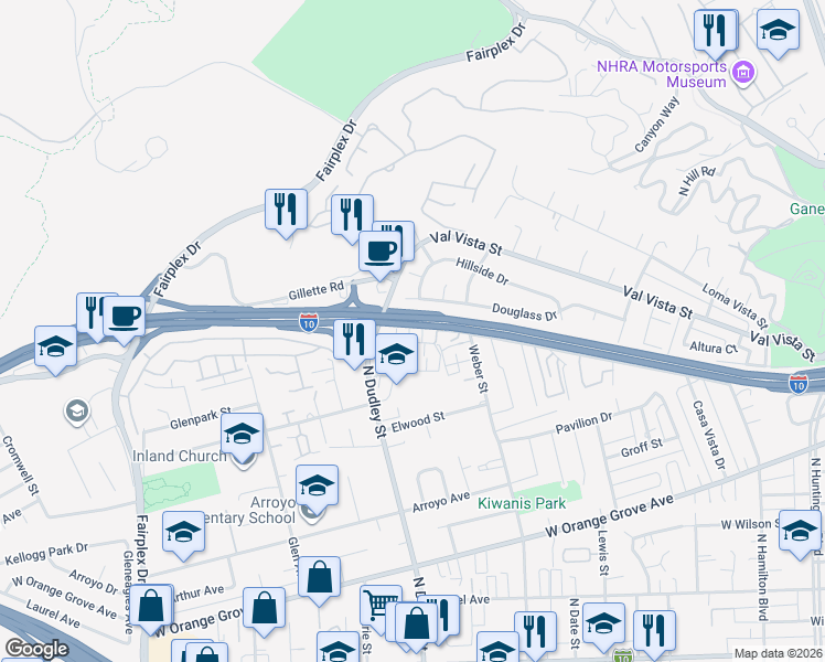 map of restaurants, bars, coffee shops, grocery stores, and more near 1551 Stratus Drive in Pomona