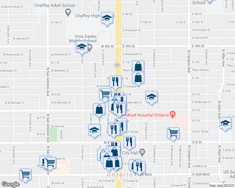 map of restaurants, bars, coffee shops, grocery stores, and more near 105 East H Street in Ontario