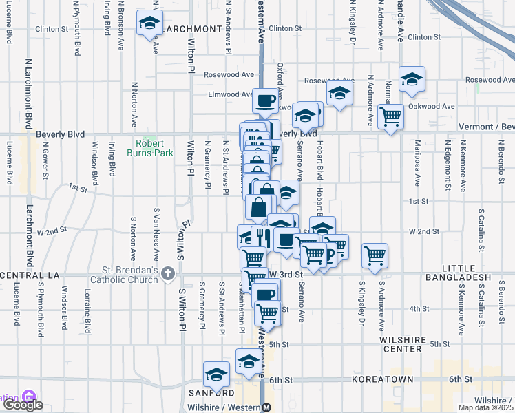 map of restaurants, bars, coffee shops, grocery stores, and more near 117 South Western Avenue in Los Angeles