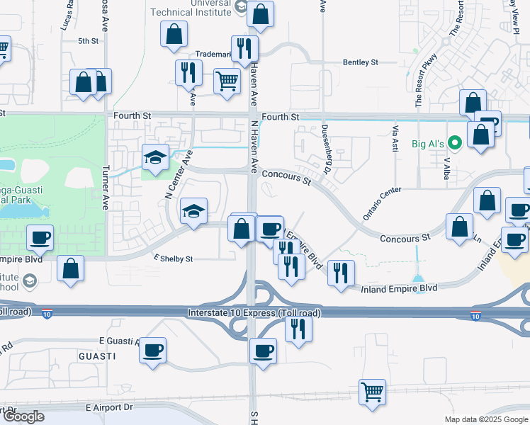 map of restaurants, bars, coffee shops, grocery stores, and more near 800 North Haven Avenue in Ontario