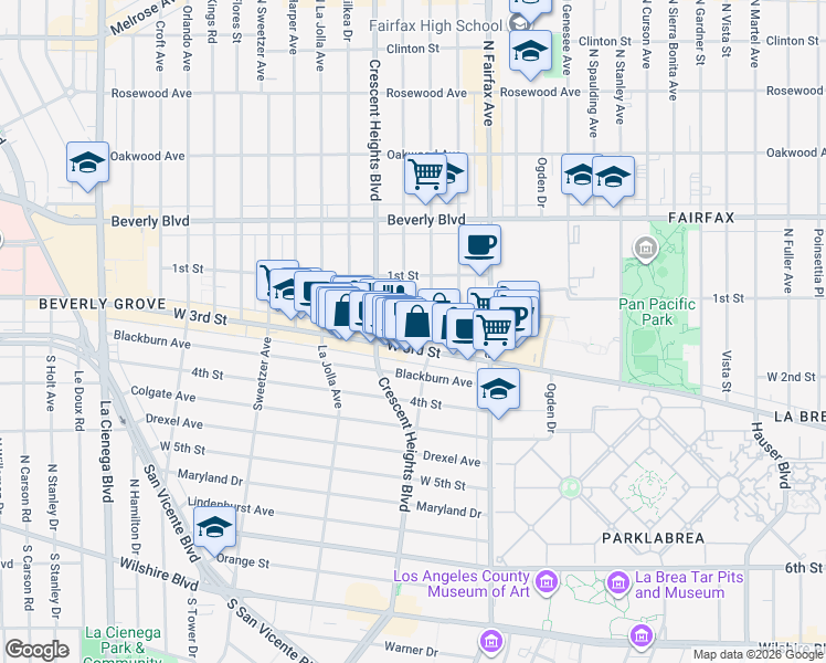 map of restaurants, bars, coffee shops, grocery stores, and more near 161s Laurel Avenue in Los Angeles