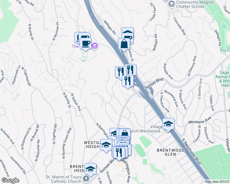 map of restaurants, bars, coffee shops, grocery stores, and more near 310 North Gunston Drive in Los Angeles