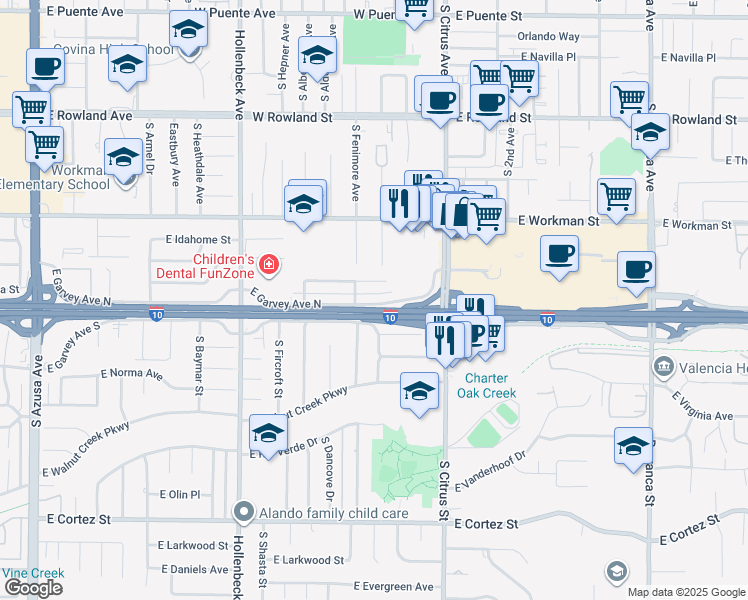 map of restaurants, bars, coffee shops, grocery stores, and more near 2451 East Garvey Avenue South in West Covina