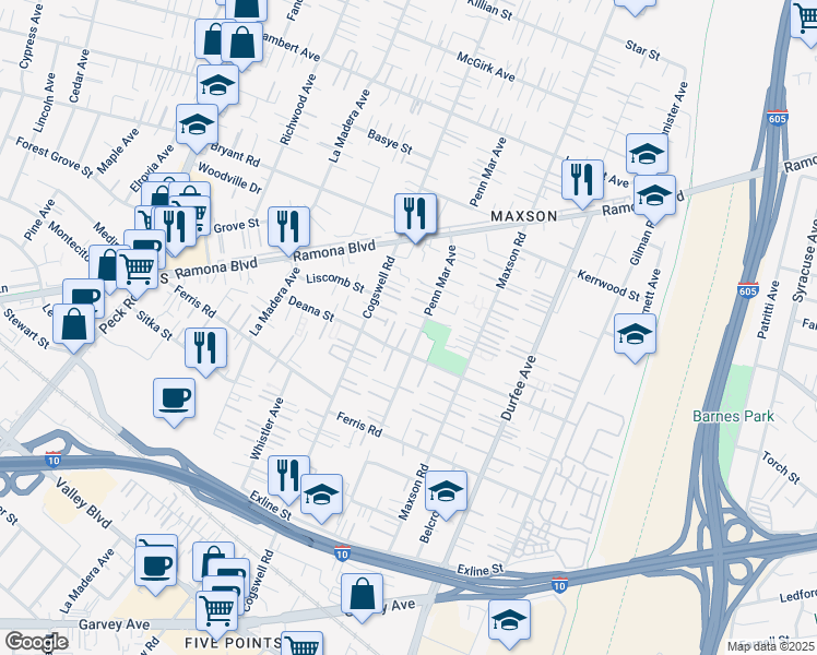 map of restaurants, bars, coffee shops, grocery stores, and more near 12047 Deana Street in El Monte