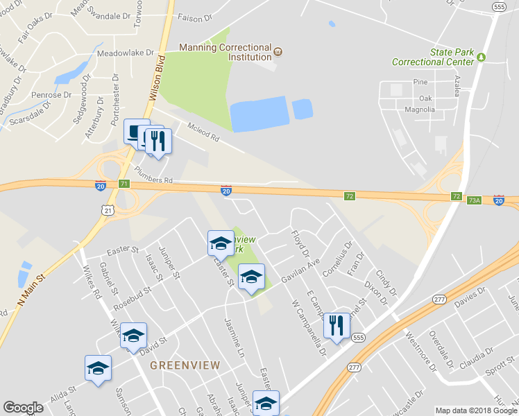 map of restaurants, bars, coffee shops, grocery stores, and more near 725 North Campanella Exd in Columbia