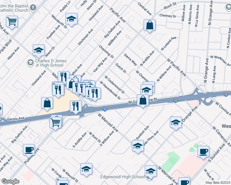 map of restaurants, bars, coffee shops, grocery stores, and more near 2403 West Havenbrook Street in West Covina