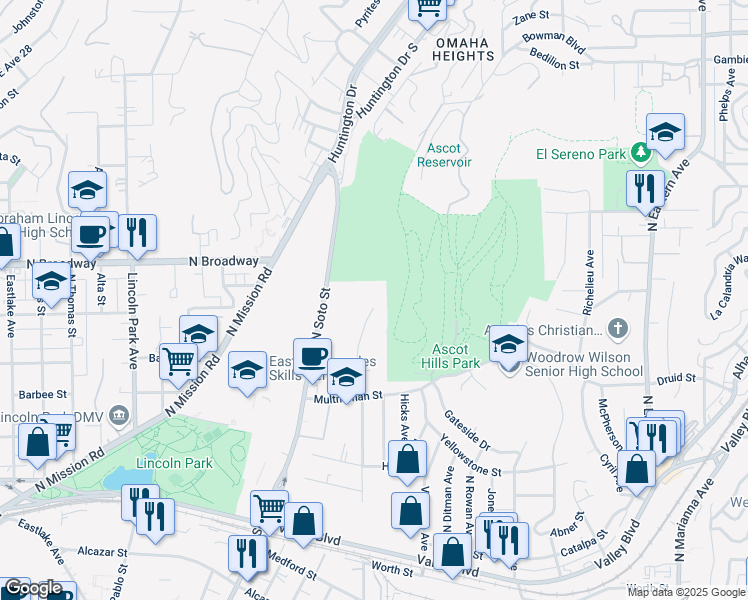 map of restaurants, bars, coffee shops, grocery stores, and more near 2357 North Indiana Avenue in Los Angeles