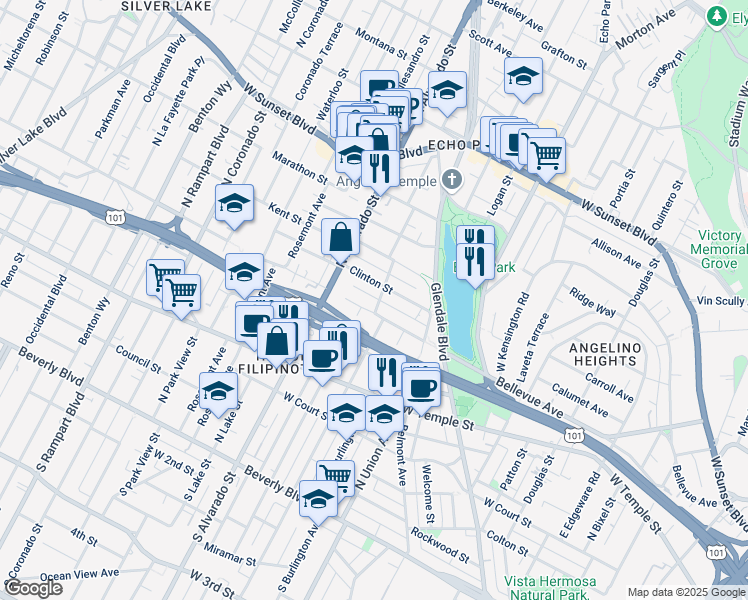 map of restaurants, bars, coffee shops, grocery stores, and more near 611 North Bonnie Brae Street in Los Angeles