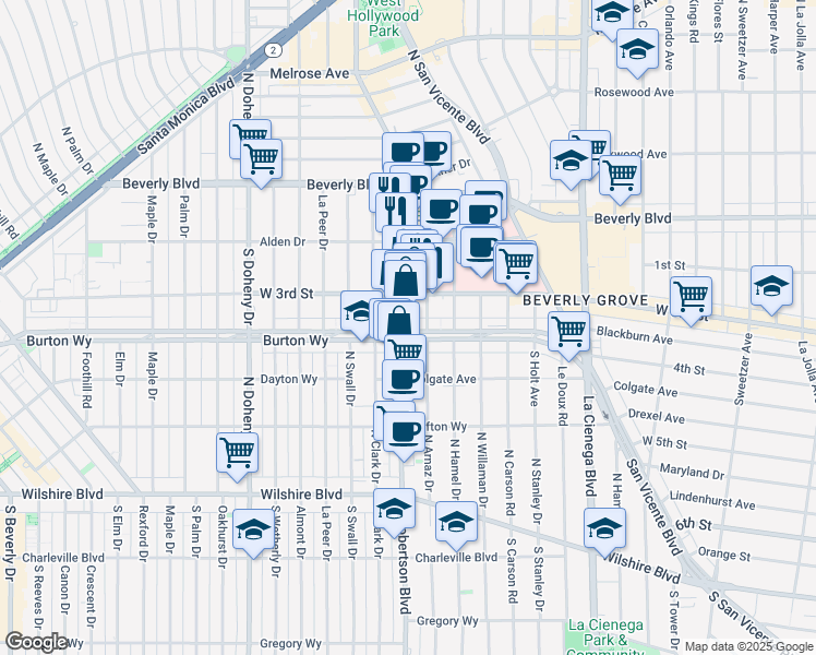map of restaurants, bars, coffee shops, grocery stores, and more near 8757 Burton Way in West Hollywood