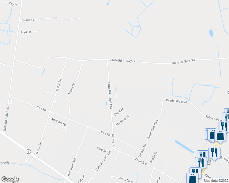 map of restaurants, bars, coffee shops, grocery stores, and more near 2902 Silverleaf Circle in Loris