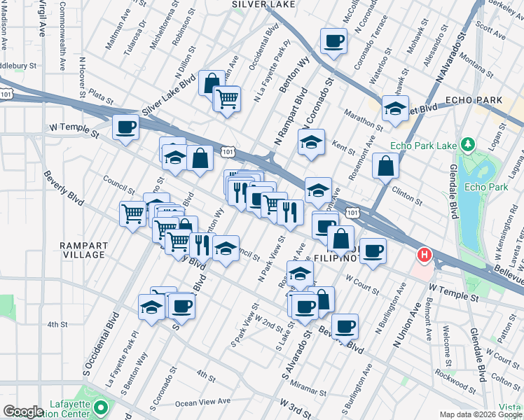 map of restaurants, bars, coffee shops, grocery stores, and more near 315 North Coronado Street in Los Angeles