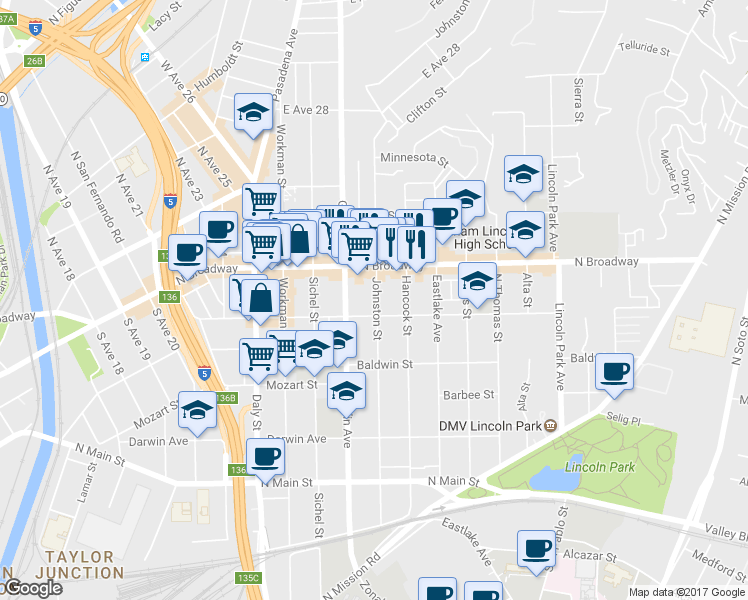 map of restaurants, bars, coffee shops, grocery stores, and more near 2317 Johnston Street in Los Angeles