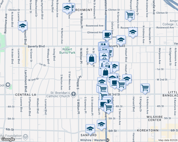 map of restaurants, bars, coffee shops, grocery stores, and more near 114 South Gramercy Place in Los Angeles