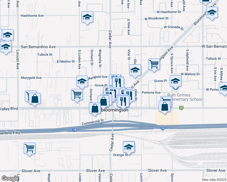 map of restaurants, bars, coffee shops, grocery stores, and more near 9962 Bloomington Avenue in Bloomington