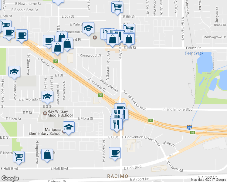 map of restaurants, bars, coffee shops, grocery stores, and more near 1880 Plaza Serena in Ontario