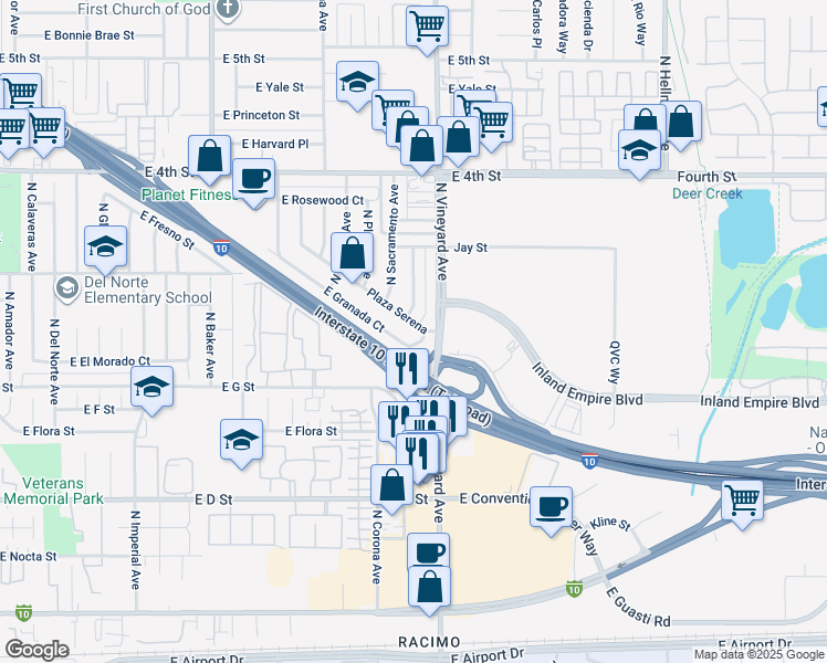 map of restaurants, bars, coffee shops, grocery stores, and more near 1880 Plaza Serena in Ontario