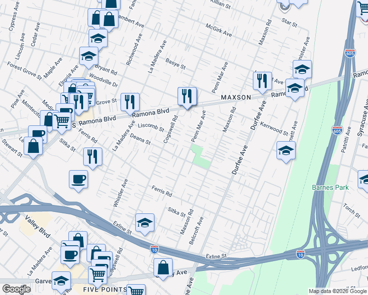 map of restaurants, bars, coffee shops, grocery stores, and more near 12047 Deana Street in El Monte