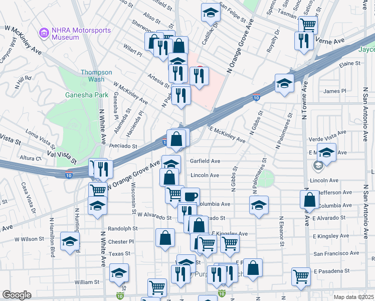 map of restaurants, bars, coffee shops, grocery stores, and more near 1490 North Garey Avenue in Pomona