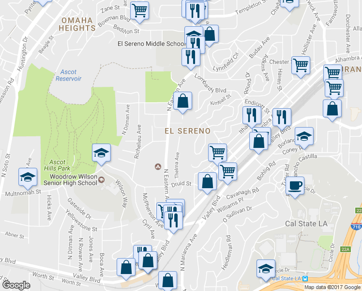 map of restaurants, bars, coffee shops, grocery stores, and more near 2334 Thelma Avenue in Los Angeles