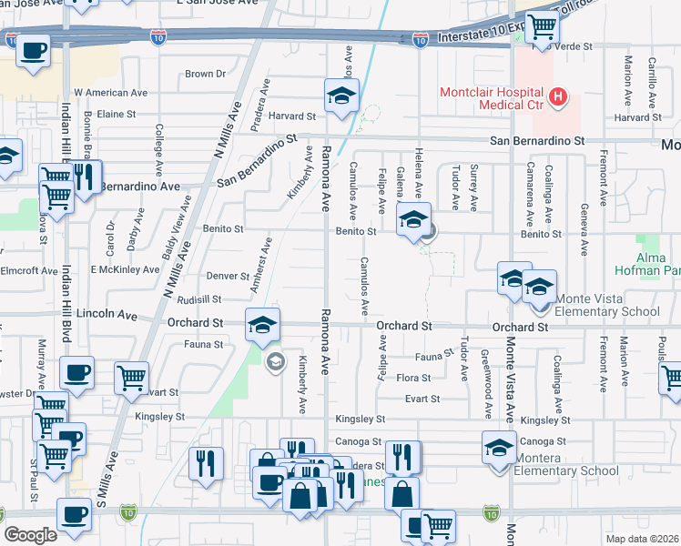 map of restaurants, bars, coffee shops, grocery stores, and more near 4528 El Morado Street in Montclair