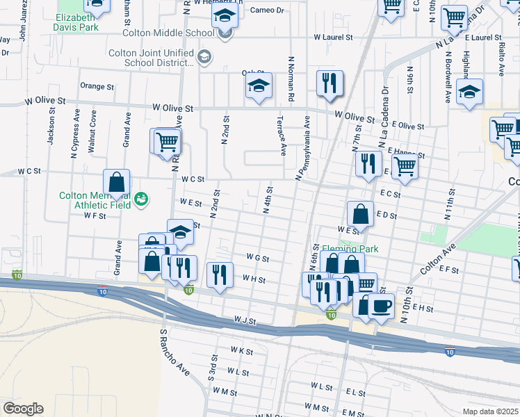 map of restaurants, bars, coffee shops, grocery stores, and more near 621 North 4th Street in Colton