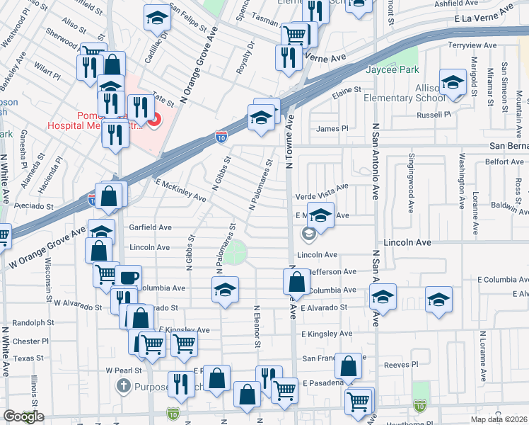 map of restaurants, bars, coffee shops, grocery stores, and more near 1568 North Palomares Street in Pomona