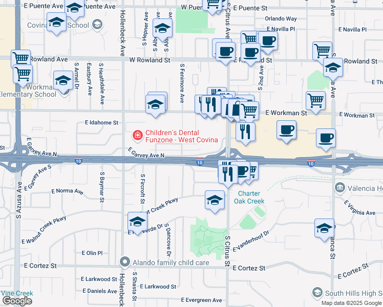 map of restaurants, bars, coffee shops, grocery stores, and more near 2451 East Garvey Avenue South in West Covina